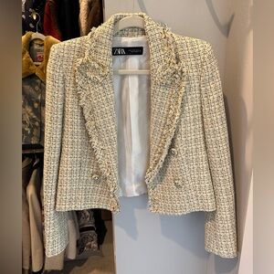 Zara yellow and black cropped tweed blazer double breasted XS